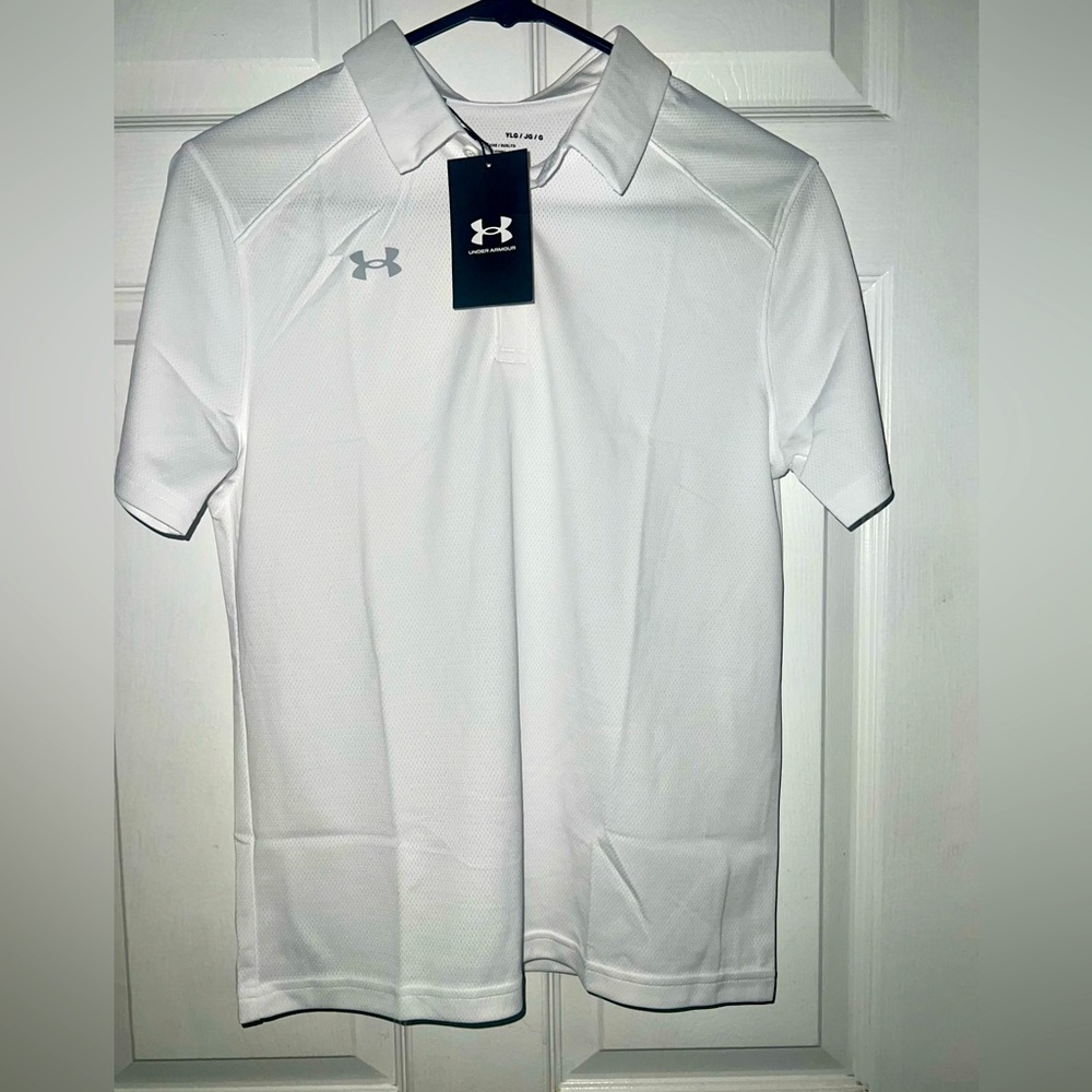 NWT Boys Under Armour Golf Shirt Size L White